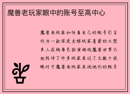魔兽老玩家眼中的账号至高中心